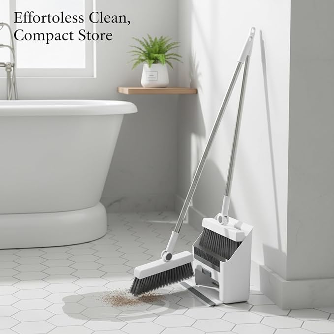 Foldable Broom and Dustpan Set with Squeegee, Stainless Steel Handle for Hard Floors, Compact 1.57-Inch Storage for Kitchen and Bathroom