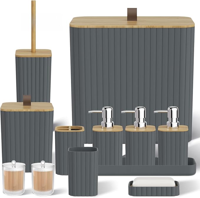 Bathroom Accessory Set - Grey Bathroom Set, 12PC Bathroom Accessories Set, Grey Bathroom Accessories Set, Mini Trash Can, Toilet Brush, Trash Can & Soap Dispenser