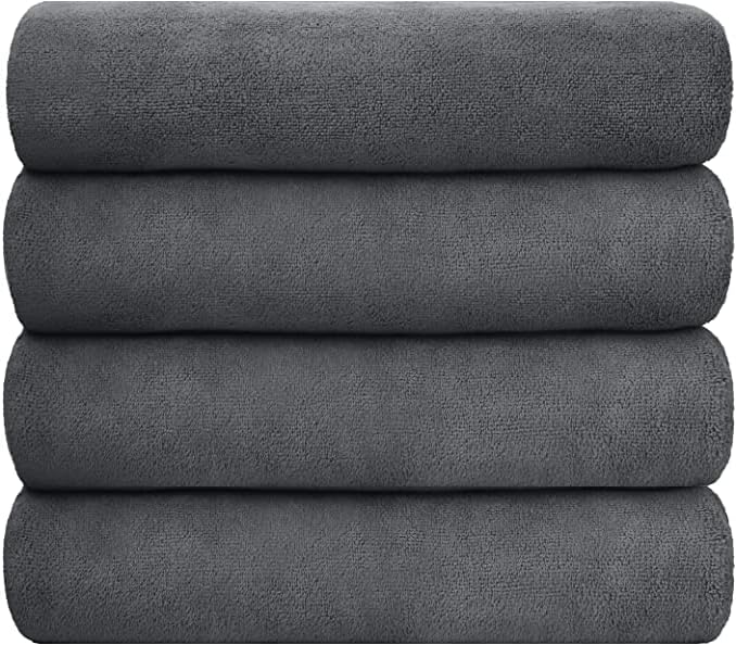 JML Microfiber Bath Towel Set, 27" x 55", 4 Pack, Grey | Hanging Loop, Super Absorbent, Fast Drying Bathroom Towel for Hair, Swimming, Fitness, Sport, Yoga