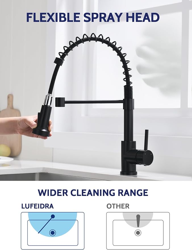LUFEIDRA Black Kitchen Faucet with Pull Down Sprayer, High Arc Spring 304 Stainless Steel Single Handle 1 or 3 Hole 2 Mode Kitchen Faucets for Farmhouse RV Camper Laundry Wet Bar Pot Filler Faucets