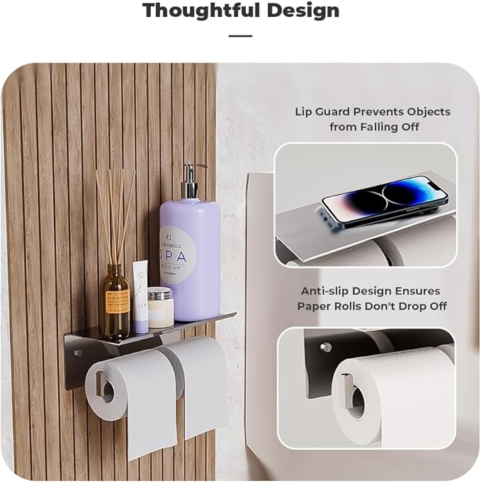 Double Toilet Paper Holder with Shelf, FreshGlow Large Tissue Holder Brushed Nickel, Wall Mount Commercial Toilet Paper Dispenser Phone Shelf Stainless Steel, Tissue Roll for Bathroom