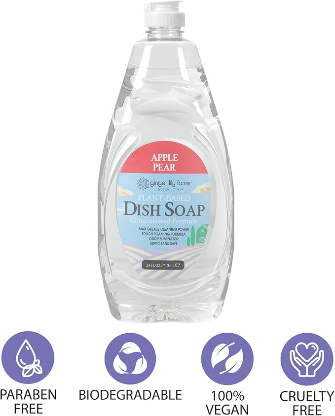 Ginger Lily Farms Botanicals Plant-Based Liquid Dish Soap, Concentrated Formula with Max Grease Cleaning Power, Cruelty-Free, Apple Pear Scent, 24 Fl Oz
