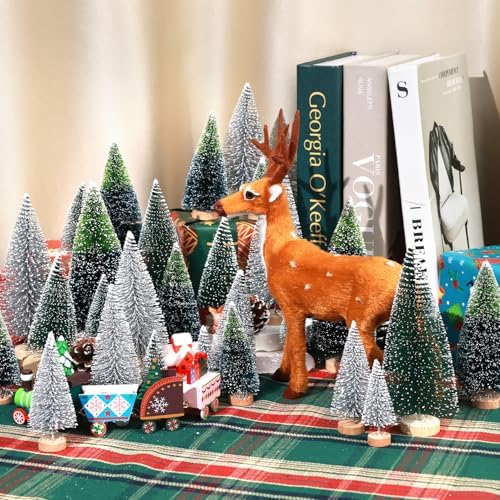 30Pcs Mini Christmas Trees Artificial Christmas Tree Bottle Brush Trees with Wooden Base for Christmas Decor Christmas Party Home Table Craft Decorations(Dark Green+Silver)