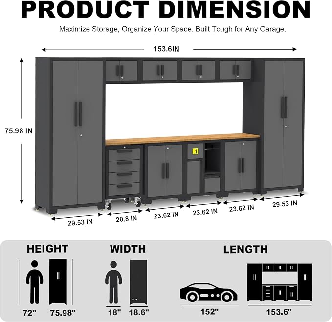 Torin Garage Storage Cabinets System, 12-Pcs Workshop Cabinet Set in Black | Trash Can Cabinet and Steel Cabinets Drawers Rolling Chest, Locked Storage Cabinet, Perfect for Organizing Garage and Tools