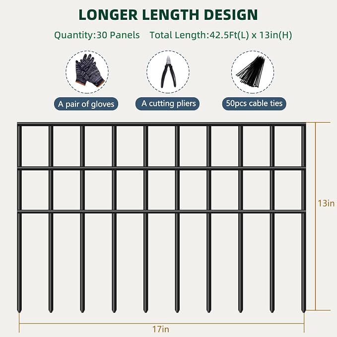 42.5ft(L) x 13in(H) Animal Barrier Fence, 30 Panels No Dig Garden Fence for Dog Rabbit, Rustproof Anti Digging Barrier, Garden Edging Border Ground Defense for Outdoor, Yard, Patio