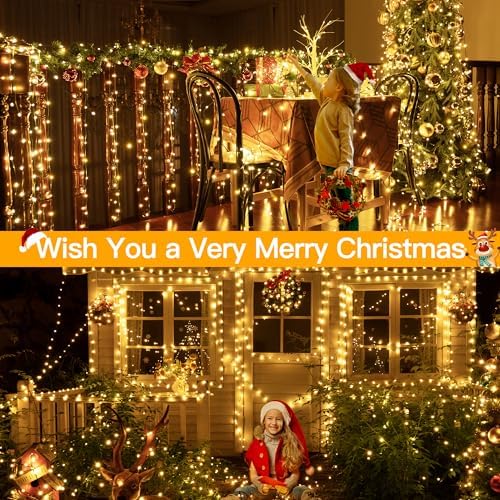 Ollny Christmas Lights 800 LED 262 FT Plug in, IP67 Waterproof Green Wire Outdoor Christmas Lights with Remote, 8 Modes and Timer Outdoor String Light for House Indoor Xmas Decorations (Warm White)