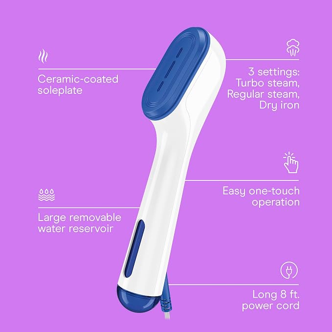 Conair 2-in-1 Steam & Iron Garment Wand, Portable Handheld Fabric Steamer with Ceramic Soleplate, 25-Second Heat-Up, 12-Minute Steam Time, White/Blue, GS47
