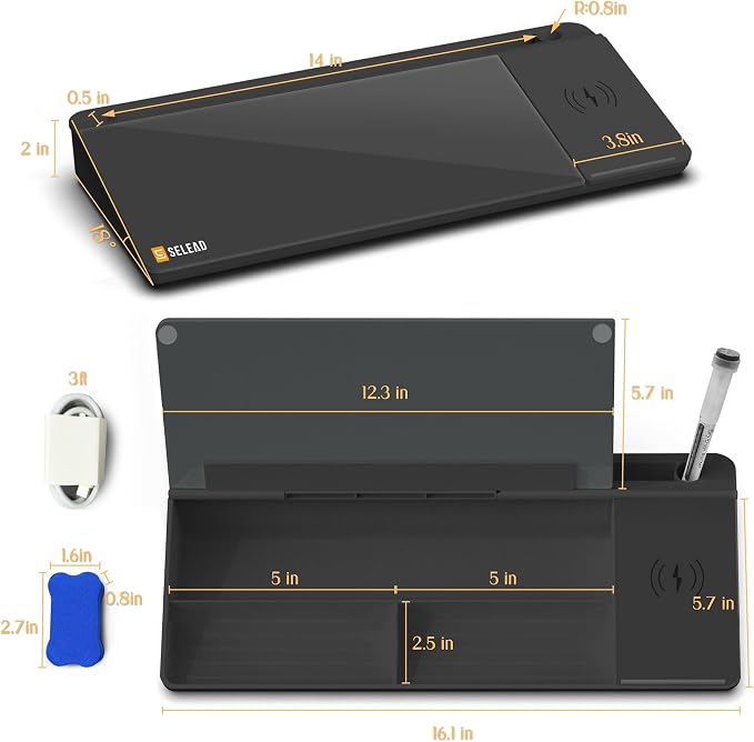 SELEAD Desktop Glass Whiteboard with Wireless Charger Station, Dry Erase Board Computer Pad Keyboard Stand with Organizer Drawer for Home, School, Office Desk Accessories, Black