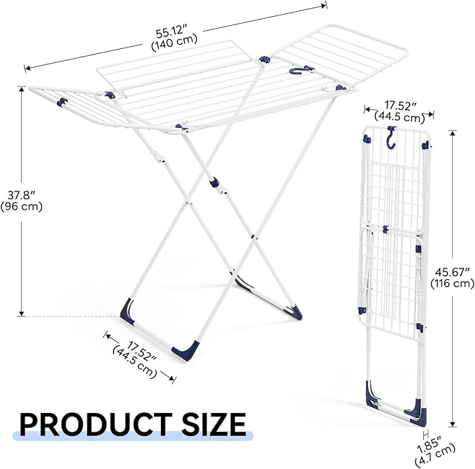 APEXCHASER Clothes Drying Rack, Metal Drying Rack Clothing, Laundry Rack Foldable, Space-Saving, Free-Standing Airer with 4 Gullwings, Indoor Outdoor Use, 55.12"*37.8"*17.52", White