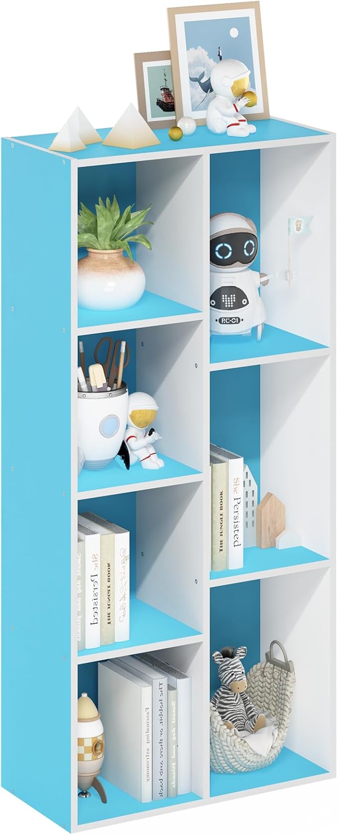 Furinno LUDER Book Shelf, 7-Cube Bookshelf, Bookcase with Open Shelves, 9.4 x 19.5 x 41.7, Easy Assembly, for Living Room, Bedroom, Home Office, White/Light Blue