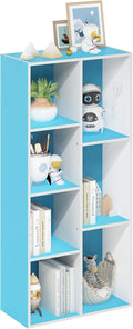 Furinno LUDER Book Shelf, 7-Cube Bookshelf, Bookcase with Open Shelves, 9.4 x 19.5 x 41.7, Easy Assembly, for Living Room, Bedroom, Home Office, White/Light Blue