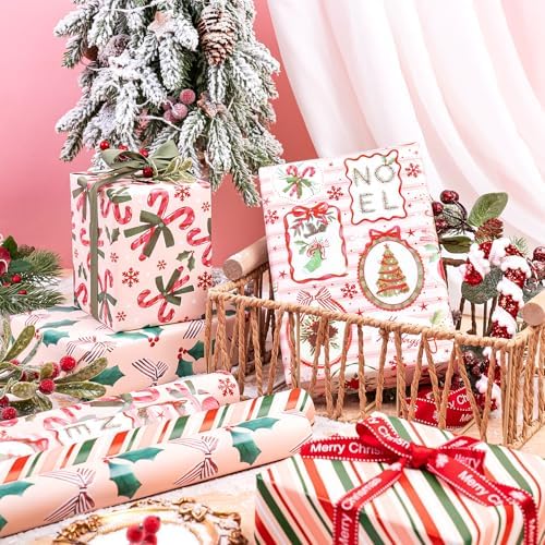 WRAPAHOLIC 30 Inch Christmas Wrapping Paper Roll - Jumbo Roll Red and Green Christmas Decor, Candy Canes, Holly and Bow Wrapping Paper - 4 Rolls - 30 Inch x 120 Inch Per Roll