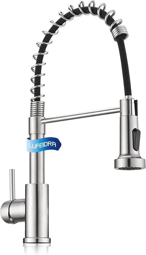 LUFEIDRA Stainless Steel Kitchen Faucet with Sprayer-High Arc Dual Function Brushed Nickel Sink Faucet, Commercial Single Handle One Hole Spring Faucet for RV Farmhouse Camper Laundry Pot Filler