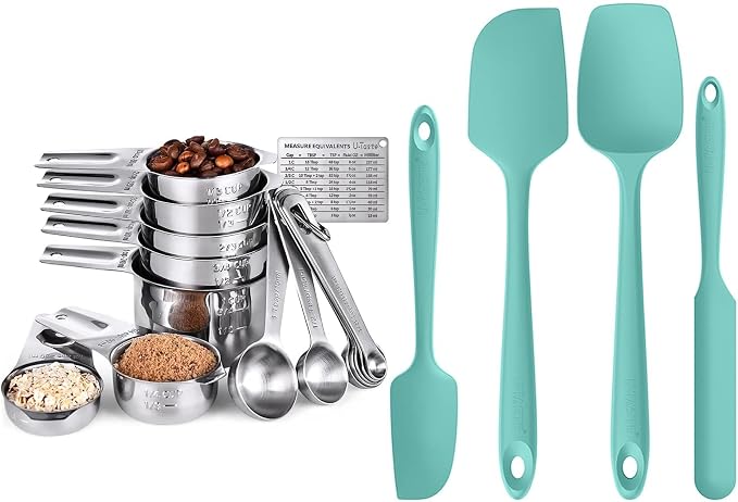 U-Taste Measuring Cups and Spoons Set of 15 in 18/8 Stainless Steel, and Upgraded 600ºF High Resistant Flexible and Sturdy Silicone Spatula Set of 4 (Aqua Sky)
