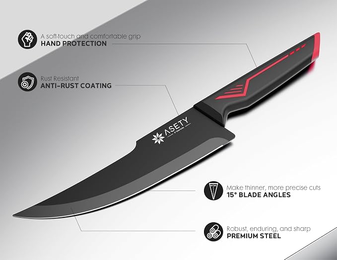 ASETY Knife Set with Block, 15 PCS Kitchen knife Set, Dishwasher Safe, Red | Razor Sharp Knives, Wood Knife Block with Built-In Sharpener, Stainless Steel, Ergonomic Handle, Elegant Box for Men Women
