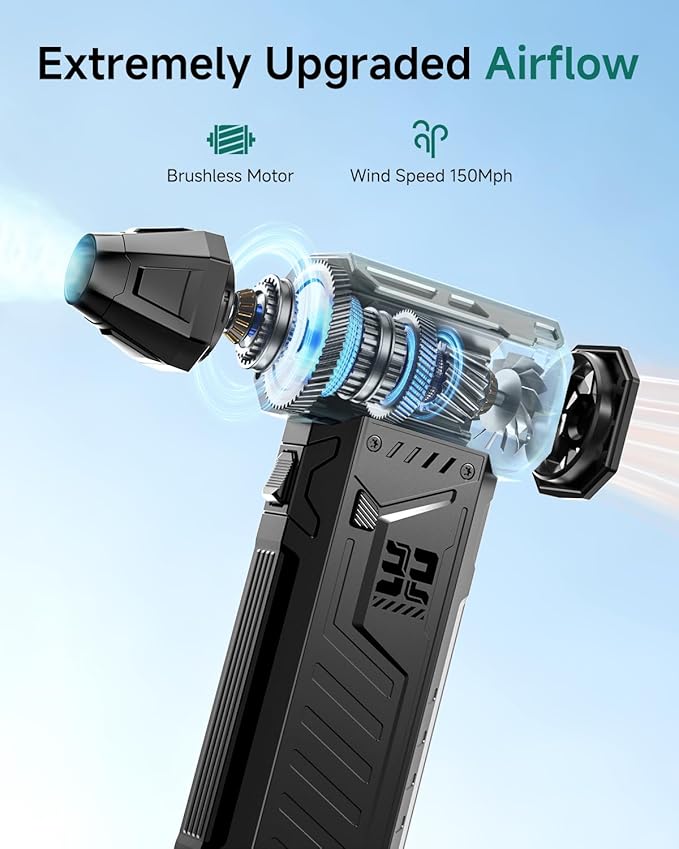 Compressed Air Duster - 2 Swappable Battey Packs and 4 Nozzles, Rechargeable Air Duster, 3-Speed Cordless Air Duster for Dust/Snow Cleaning (2-yr Warranty)