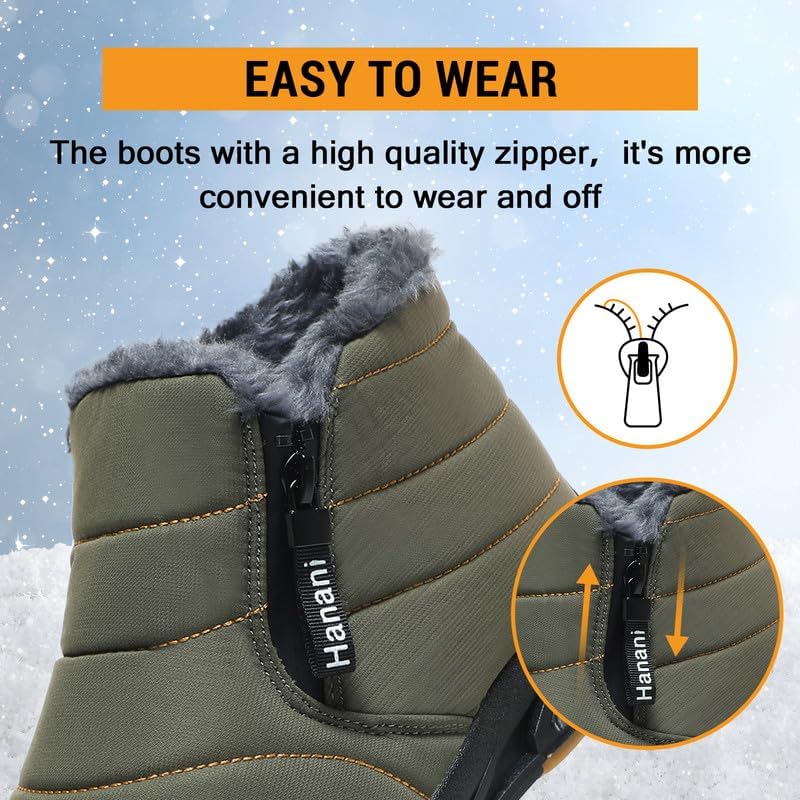 Hanani Mens Snow Boots Waterproof Winter Boots for Men Fur Lined Warm Ankle Boots Zipper Closure Slip on Outdoor Boot Comfortable Walking Shoes