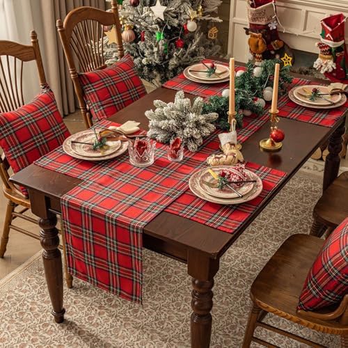 Softalker Christmas Checkered Tartan Table Runner, Red, 13 x 48 Inch