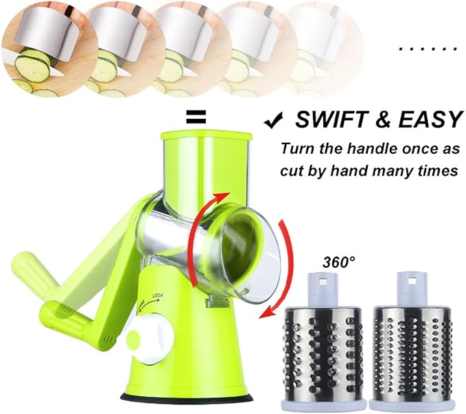 Cambom Rotary Cheese Grater Hand Crank Cheese Shredder for Fresh Cheese, Vegetable, Nuts,Non-slip Suction Base，Three Blades,Green