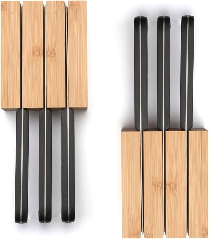 Purawood Premium Bamboo Knife Block Inserts – 2 Pack – Compatible Expandable Drawer Organizer & Utensil Organizer, Cutlery Tray with Dividers for Kitchen Utensils & Flatware (Natural)…