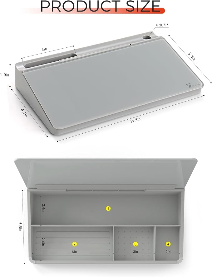 Small Compact Glass Desktop Whiteboard with Storage – 12 x 7 in Dry Erase Board for Desk, Home Office, School | Includes 5 Markers, Eraser & Holder | Space-Saving Organizer, Stone Gray