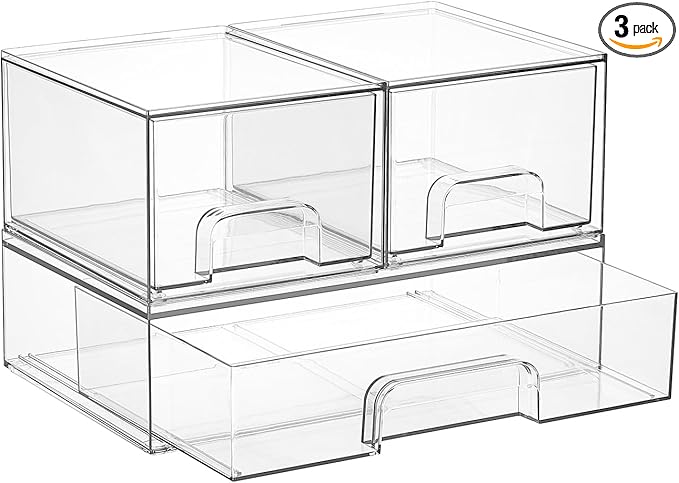 Vtopmart Stackable Storage Drawers Set of 3,Clear Plastic Organizer Bins for Makeup, Cosmetics, Beauty Supplies,Ideal for Vanity, Bathroom,Cabinet,Pantry Organization