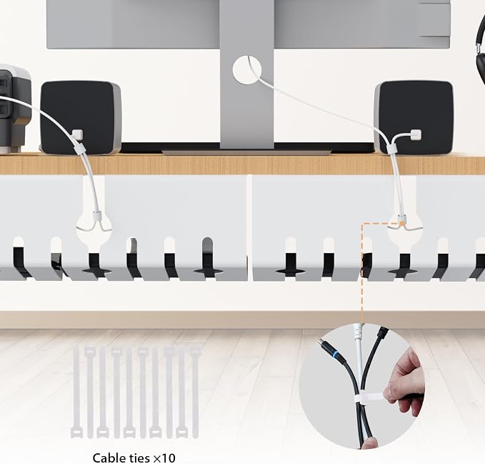 Syeeiex 17" Under Desk Cable Management Tray, No-Drill C-Clamp & Screw Mount, Heavy Duty Metal Cord Organizer with Cable Ties, for Office Home Workspace, White