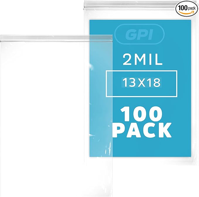 GPI - 13" x 18" Extra Large Reclosable Zip Bags - Pack of 100-2 Mil Thick, Clear Plastic Zipper Lock Bags, Resealable Poly Baggies For Clothing, Tools, Travel, Storage & Packaging.