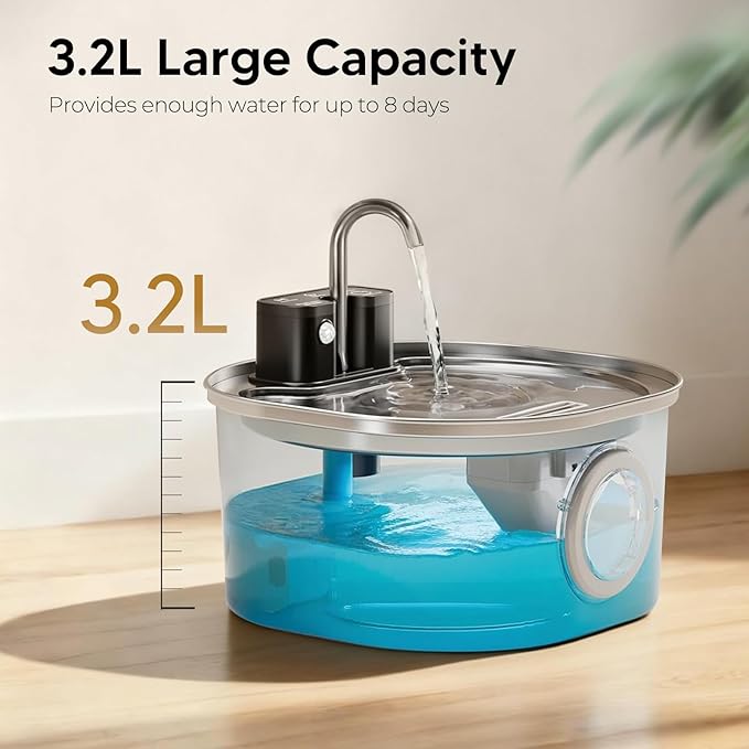 Voluas Stainless Steel Cat Water Fountain, Wireless, 108oz/3.2L, 4 Filter | Cordless Design, Ultra-Quiet Pump, Easy to Clean, BPA-Free