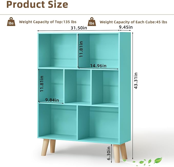 LEYAOYAO Cube Bookshelf, Mid-Century Modern Book Shelf with Legs, Green | 3 Tier Bookcase, Rustic Wood Bookshelves Freestanding Small Storage Organizer, Open Shelves for Bedroom, Living Room, Office