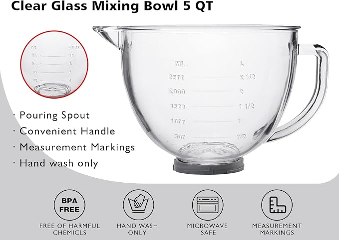 Glass Mixing Bowl 5 QT for KitchenAid 4.5 and 5 Quart Tilt-Head Stand Mixers