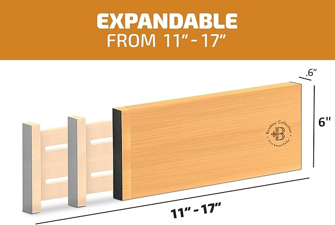 6 Pack Bamboo Drawer Dividers - 6 Inch High for Deep Drawers, Adjustable 11.5 to 17 Inch Expandable Kitchen Drawer Organizer, Spring Loaded Dresser Separator for Clothes, Bedroom, Bathroom, Office