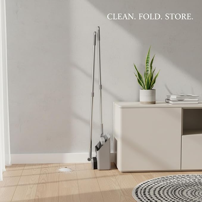 Foldable Broom and Dustpan Set with Squeegee, Stainless Steel Handle for Hard Floors, Compact 1.57-Inch Storage for Kitchen and Bathroom