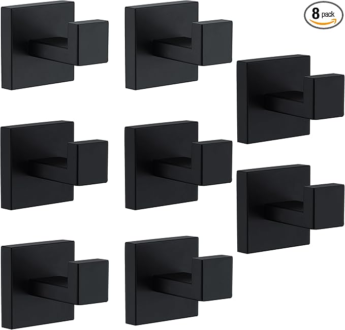 Towel Hooks For Bathrooms, Matte Black Towel Hook For Kitchen Bathroom, SUS304 Stainless Steel Coat Hook, Square Heavy Duty Holder Robe Hooks For Hanging Towels, Coats,Sponges,Wall Mount, 8 Pack