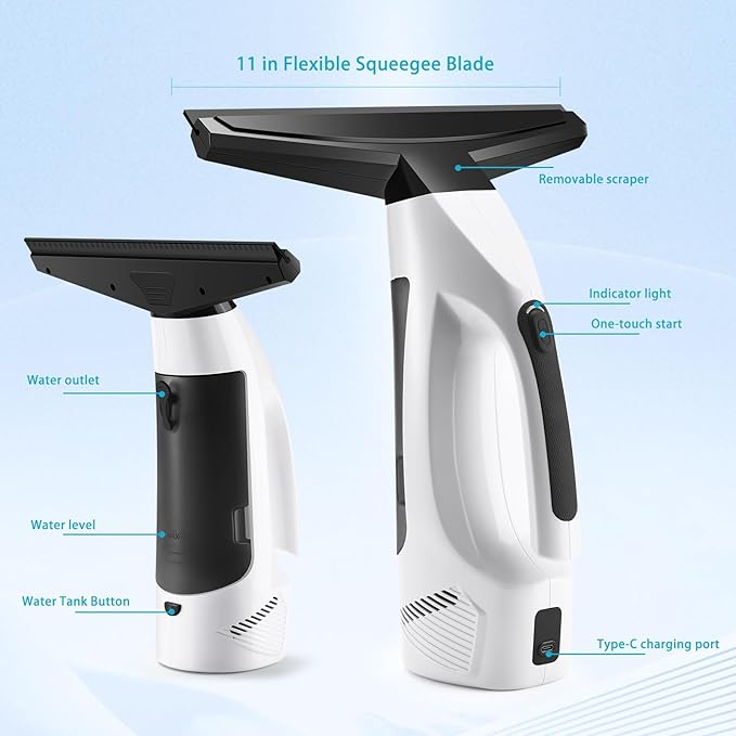 Electric Window Vacuum Squeegee, 2000Pa Rechargeable Window Cleaner Cordless with 200ML Water Tank, Cleaning Kit with Spray Bottle & Microfiber Pad for Glass, Mirror, Shower Door, Car Windshield