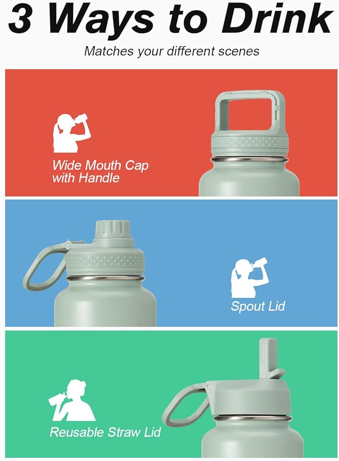 Coolflask Water Bottle 40 oz Insulated with Straw, Stainless Steel Metal 3 Lids Water Flask for Sports or Office, Keep Cold 48H Hot 24H, Grey Green