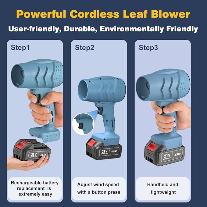 Electric Mini Leaf Blower, Powered Handheld Blower Leaf, Adjustable Wind Speed Cordless 21V Battery Blower with 2 Rechargeable Batteries and Charger, Toolbox, for Yard Leaf & Snow Removal(Blue)