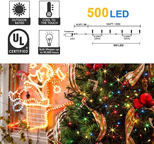 weillsnow 500 LED Multicolor Outdoor Christmas Lights, 164Ft Plug in Waterproof String Lights, 8 Modes with Memory for Outdoor Indoor Garden Halloween Christmas Decorations (Multicolor)