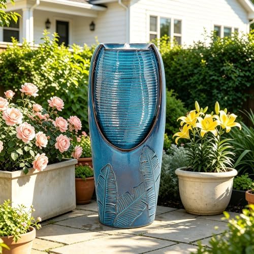 Autodaya 33" H Ceramic Jar Outdoor Water Fountain, Banana Leaf-Texture