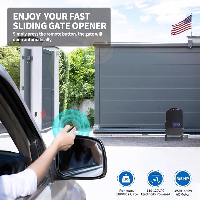 TOPENS CF800 Fast Sliding Gate Opener Chain Drive Automatic Gate Motor for Heavy Driveway Slide Gate Up to 1800 Pounds, Electric Gate Operator AC Powered with 20ft Roller Chain and Remote Control