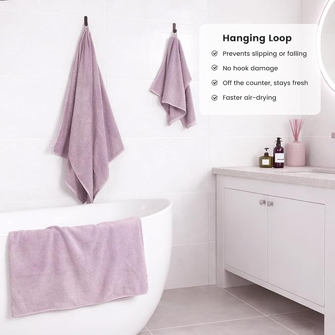 SEMAXE Bath Towel Set, 12 Piece Cotton Towel Set for Bathroom, More Towels for Family Use, Quick Dry with Hanging Loops, Easy Care, Purple