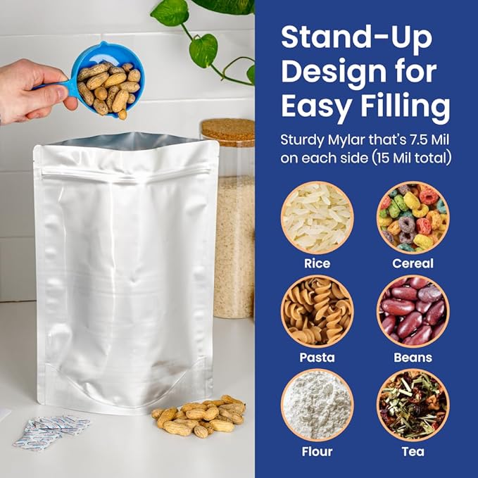 Wallaby 60 Count 1-Gallon Gusset Mylar Bags with 400cc Oxygen Absorbers, 15 Mil Total Thickness Long-Term Food Storage Pouches, 10x14 Stand-Up Resealable Heat-Sealable Airtight Packaging - Silver