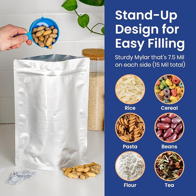 Wallaby 30 Count 1-Gallon Gusset Mylar Bags with 400cc Oxygen Absorbers, 15 Mil Total Thickness Long-Term Food Storage Pouches, 10x14 Stand-Up Zipper Heat-Sealable Airtight Packaging - Silver