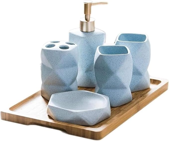 Ceramic Soap Dispenser,Foaming Hand Soap Dispenser Hand Sanitizer Dispenser, Toothbrush Holder, Soap Dish, Mouthwash Cup, Bamboo Tray(Blue)