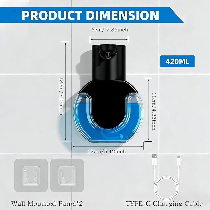 2Pack Automatic Soap Dispenser Touchless, Rechargeable Foaming Soap Dispenser,15oz/420ml Smart Hand Soap Dispensers,4-Level Adjustable,Wall Mount for Bathroom Kitchen Dish Soap,Hands-Free,Black