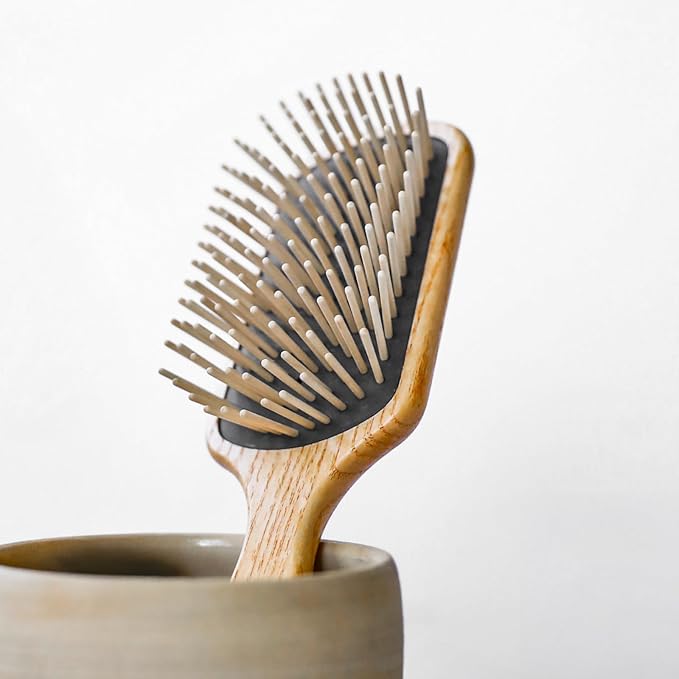 TEK | Rectangular Wooden Hair Brush Big with Long Rounded Teeth in Natural Ash Wood, Ideal for Detangling, Styling and Daily Care of Long and Thick Hair | 22x6cm | Handmade in Italy