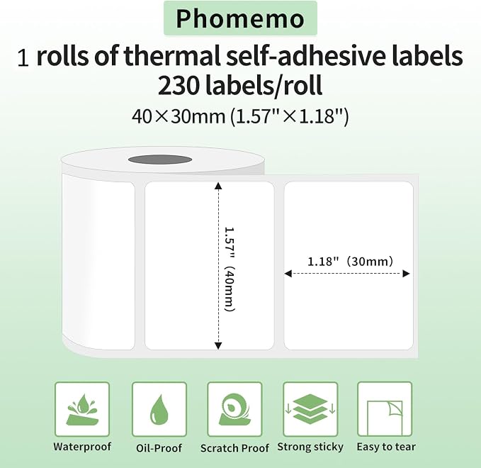 Phomemo Thermal Labels-for M110/M100/M220/M221/M108,1.57"x1.18"(40x30mm),Name Labels for Kids/School, 230 Labels/Roll, for Barcode/Address/Mailing/Logo/Business/Home