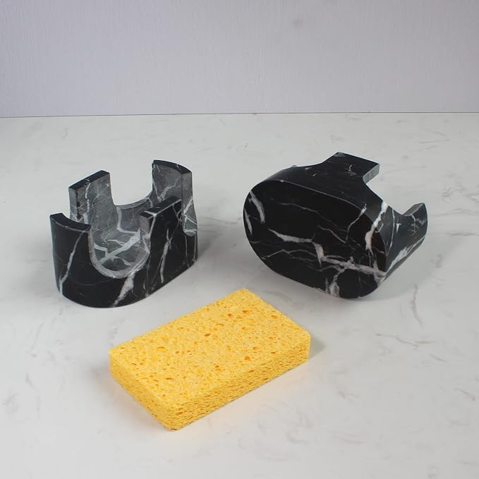 Nawgnail Natural Travertine Marble 2-Slot Sponge Holder for Kitchen Counter, 2-in-1 Stone Drying Rack, Sponge Caddy for Sink Organizer - Nero Portoro Marble