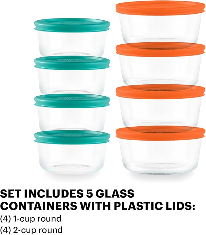 Pyrex Simply Store (8-Pack) Small Glass Food Storage Containers Set, (1 & 2 Cup) Meal Prep Containers With Plastic BPA-Free Lids, Dishwasher & Microwave Safe | Meal prep containers (1 & 2 cup) with BPA-free plastic lids, dishwasher & microwave safe