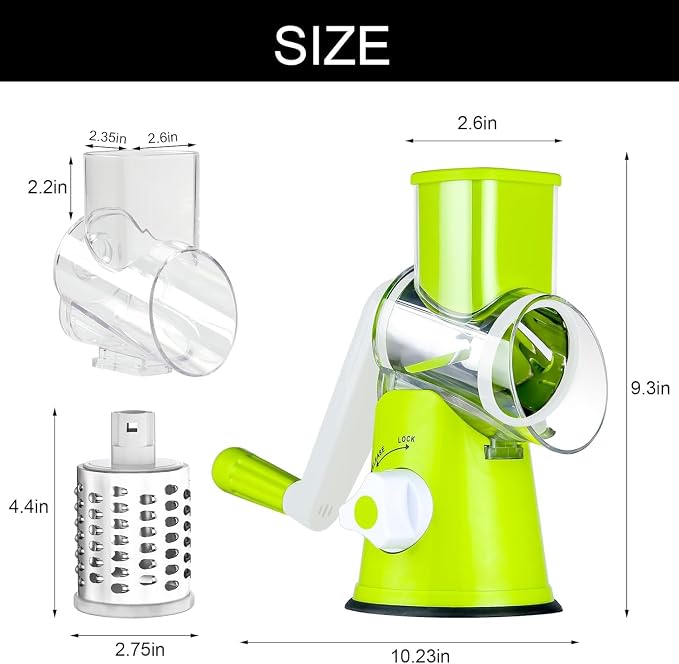 Cambom Rotary Cheese Grater Hand Crank Cheese Shredder for Fresh Cheese, Vegetable, Nuts,Non-slip Suction Base，Three Blades,Green